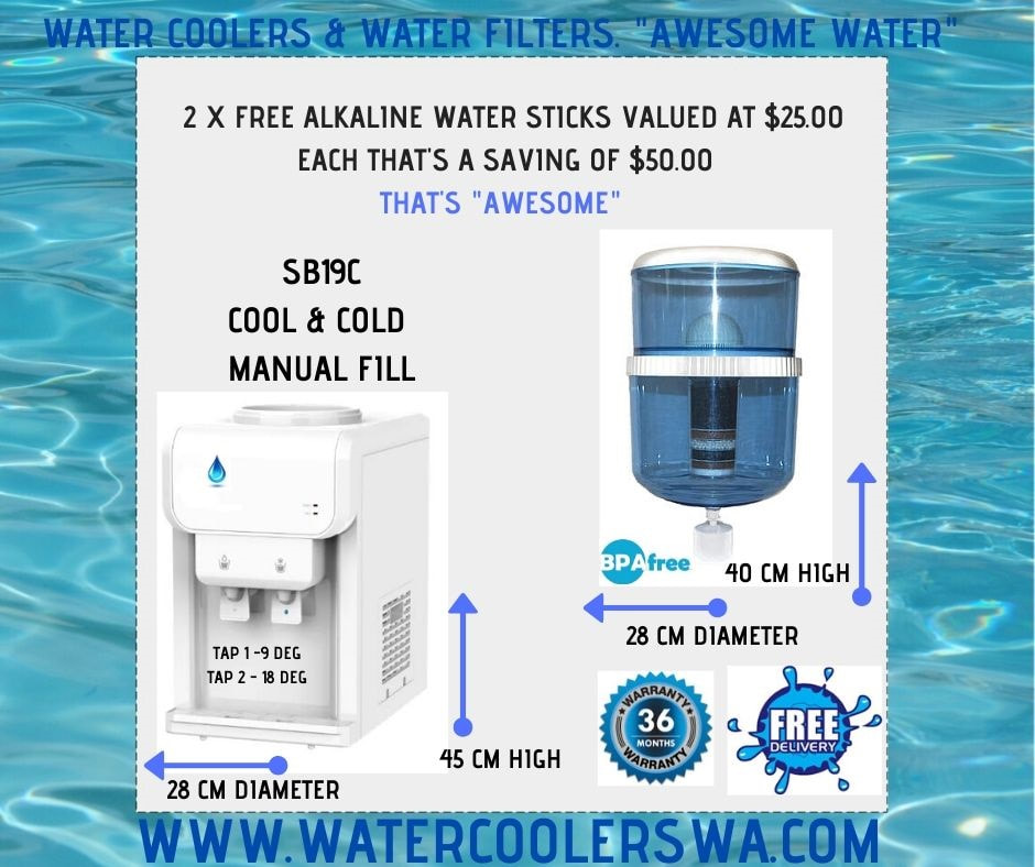 WATERWORKS WATER COOLER - REFILLABLE BPA FREE (ECLIPSE SB19C BENCH TOP) ( 2 X FREE ALKALINE STICKS VALUE $50)